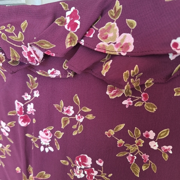 Plus Sz16/18 New Tags Faded Glory Blouse BOHO Maroon Floral Ruffle Scoop Neck - Picture 12 of 13